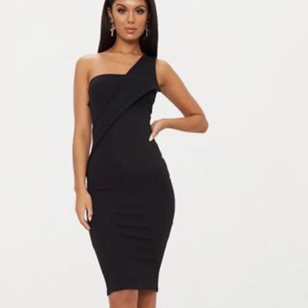 One Shoulder Black Midi Dress